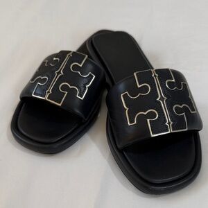 Tory Burch Double T Sport Slide Navy with Silver Logo